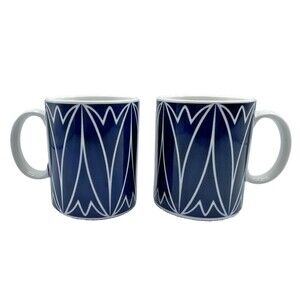 New Mikasa Lavina Porcelain Mugs Cobalt Blue White Geometric Tulips Set of 2